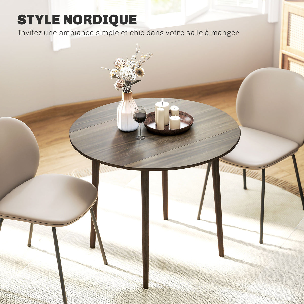 Table de salle à manger pliante 2 abattants, table ronde extensible pour 4 personnes, pieds en bois Ø 89 x 73,5 cm, gris-4