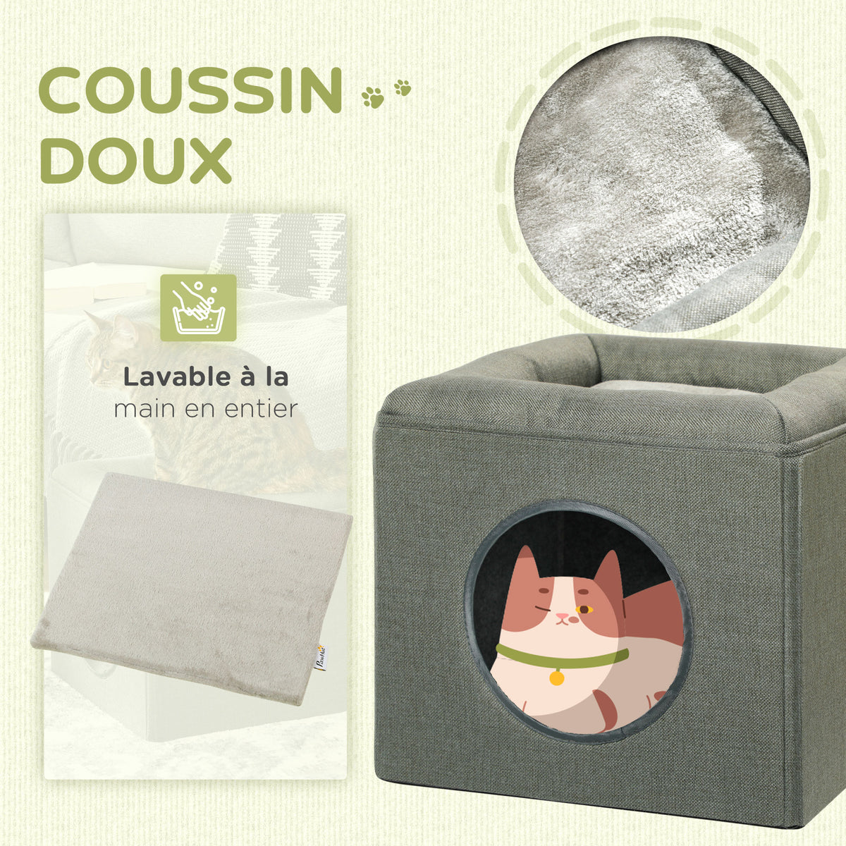 Maison niche pour chat 2 niveaux avec coussin moelleux en peluche - 36,5 x 36,5 x 33 cm gris-4