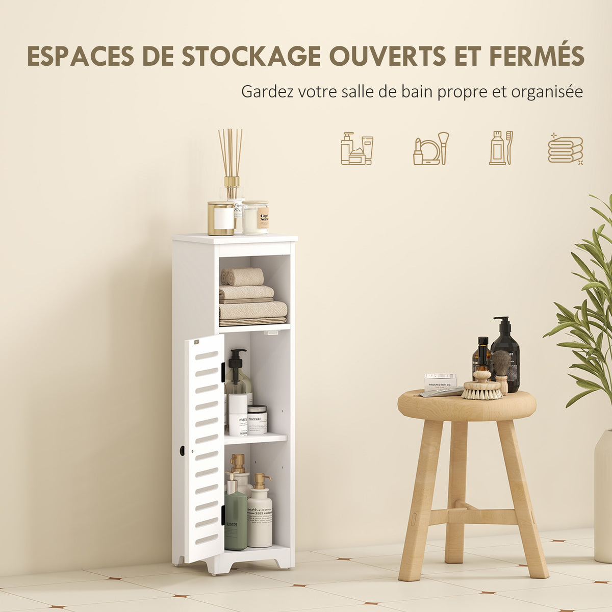 Meuble salle de bain, armoire salle de bain 4 niveaux  porte persienne, étagère ouvert, 22x20x75cm, blanc-3