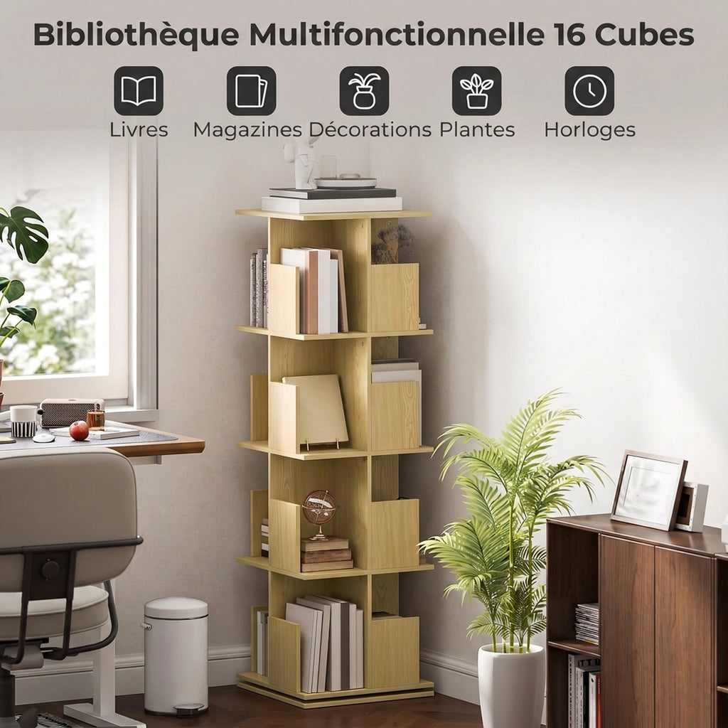 Bibliothèque Rotative à 4 Niveaux, Étagère Rangement avec 16 Compartiments, 39 x 39 x 128,3 cm, Chêne-4