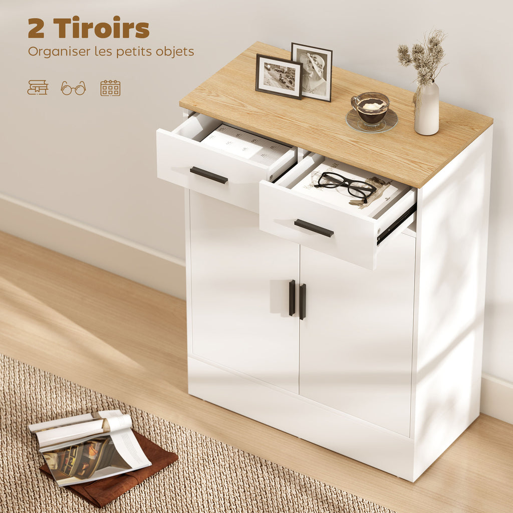 Buffet, meuble de rangement avec 2 portes, 2 tiroirs et étagère réglable, 68,6 x 35 x 90,3 cm, bois naturel et blanc-3