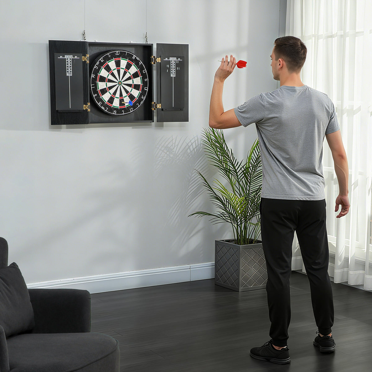 Cible de Fléchettes en Sisal avec Cabinet, 6 Fléchettes Pointe Acier et 2 Tableaux de Score, 100x55x9cm, Noir-7