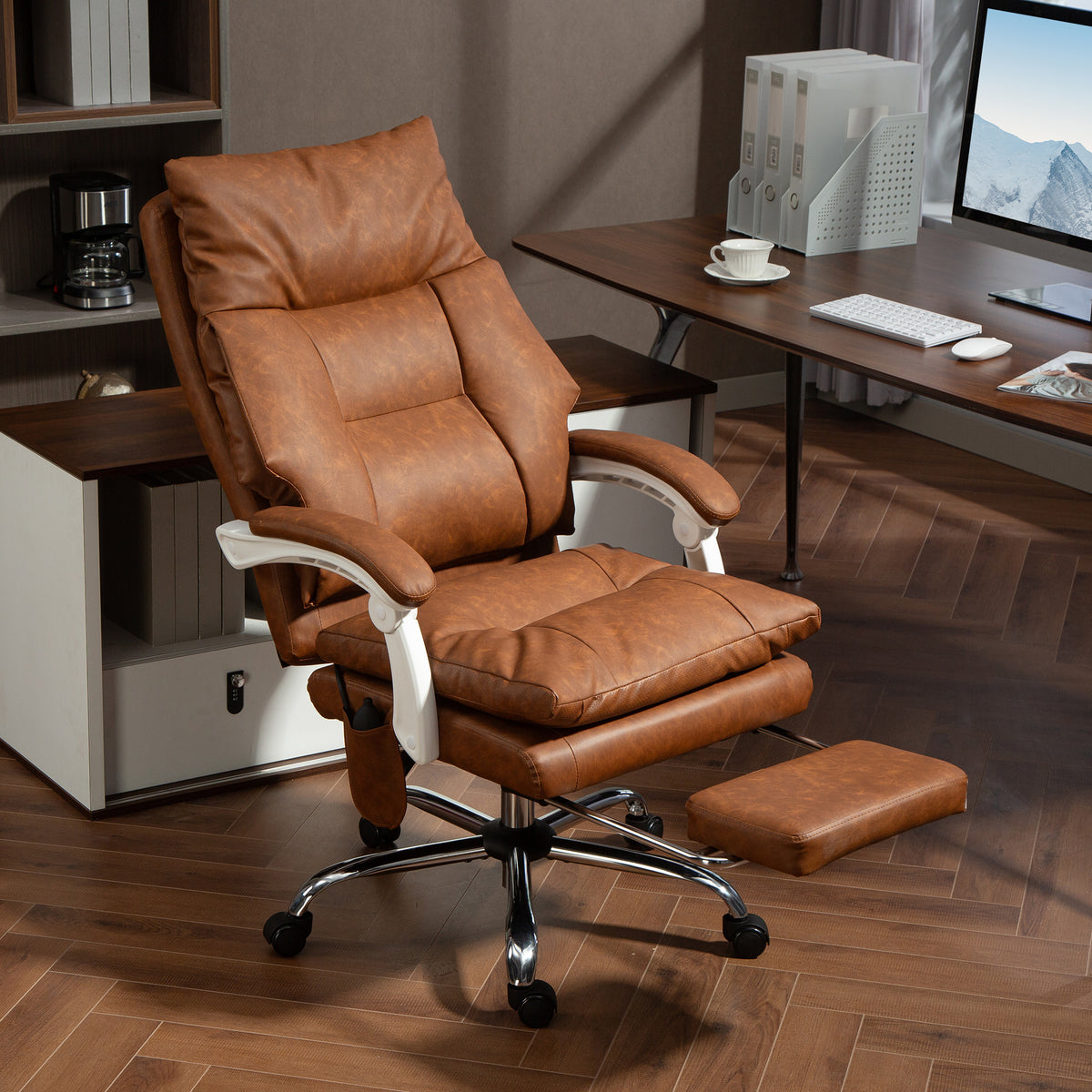Chaise bureau ergonomique fauteuil de bureau en PU soutien lombaire gonflable dossier inclinable hauteur réglable marron-1
