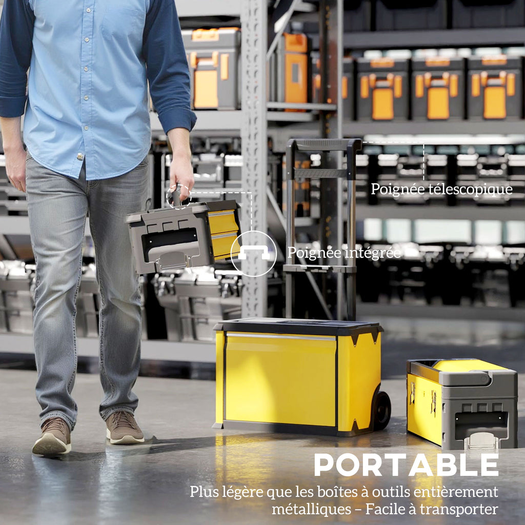 Lot de 3 boîtes à outils sur roulettes empilables et modulaires en acier avec plateau, poignées et serrure, jaune-5