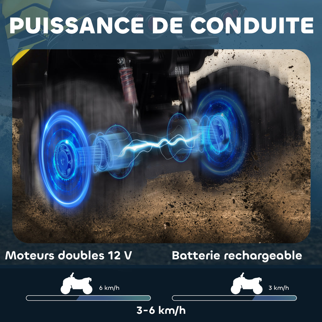 Quad Buggy électrique Enfant 12 V 8 Km/h Max. Voiture électrique Enfant avec Effets Lumineux sonores Selle avec Dossier Porte-Bagage Avant métal PP Jaune Noir-3
