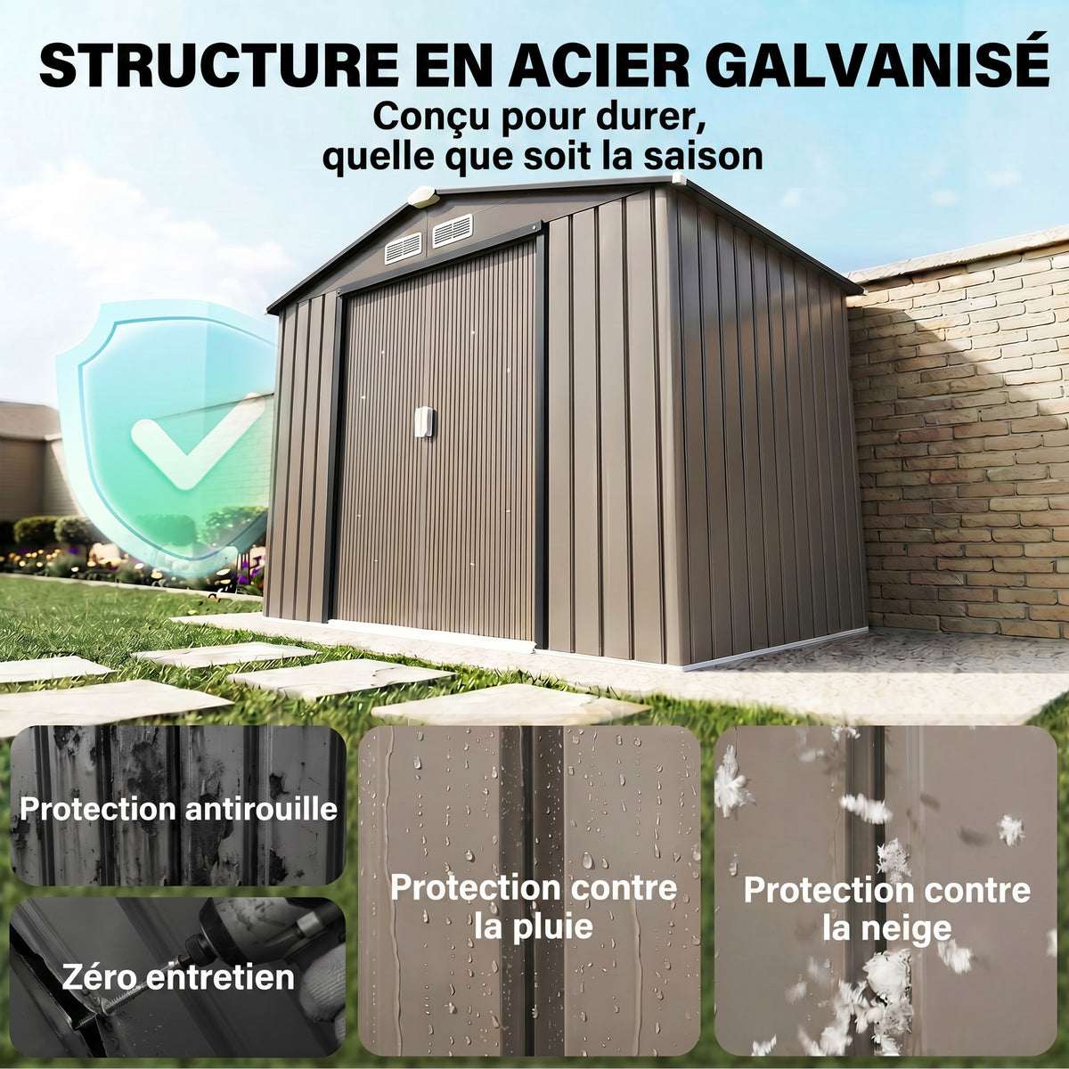 Abri de Jardin 2,77 m² cabane de jardin armoire de jardin Dim. 213L x 130l x 185H cm Porte coulissante Acier marron-3