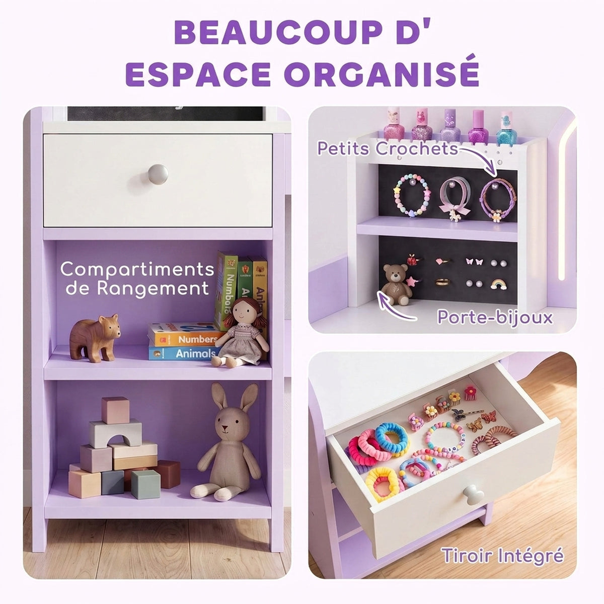 Coiffeuse pour Enfants avec Tabouret et Miroir en Acrylique à Éclairage Bicolore Coiffeuse Bureau Fille 3-8 Ans Violet-4