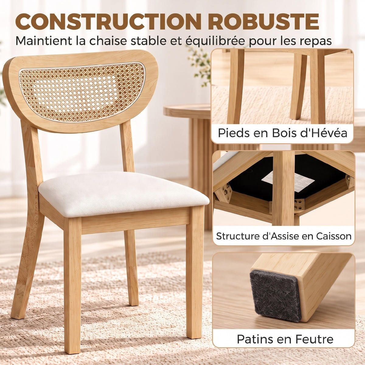 Lot de 2 Chaises de Salle à Manger, Chaises de Cuisine Rembourrées en Lin, Dossier à Effet Rotin et Pieds d'Hévéa, Beige-6