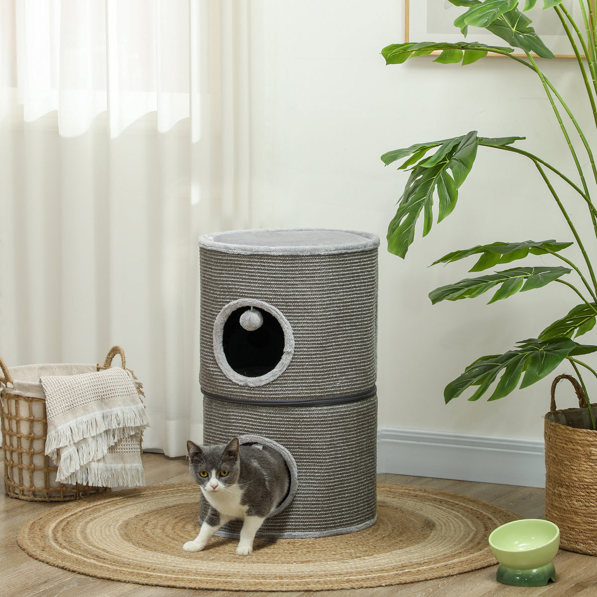 Tour pour chat modulable tonneau griffoir chat avec fermeture éclair séparable 3 niveaux deux balles Ø 42 x 69H cm gris-9