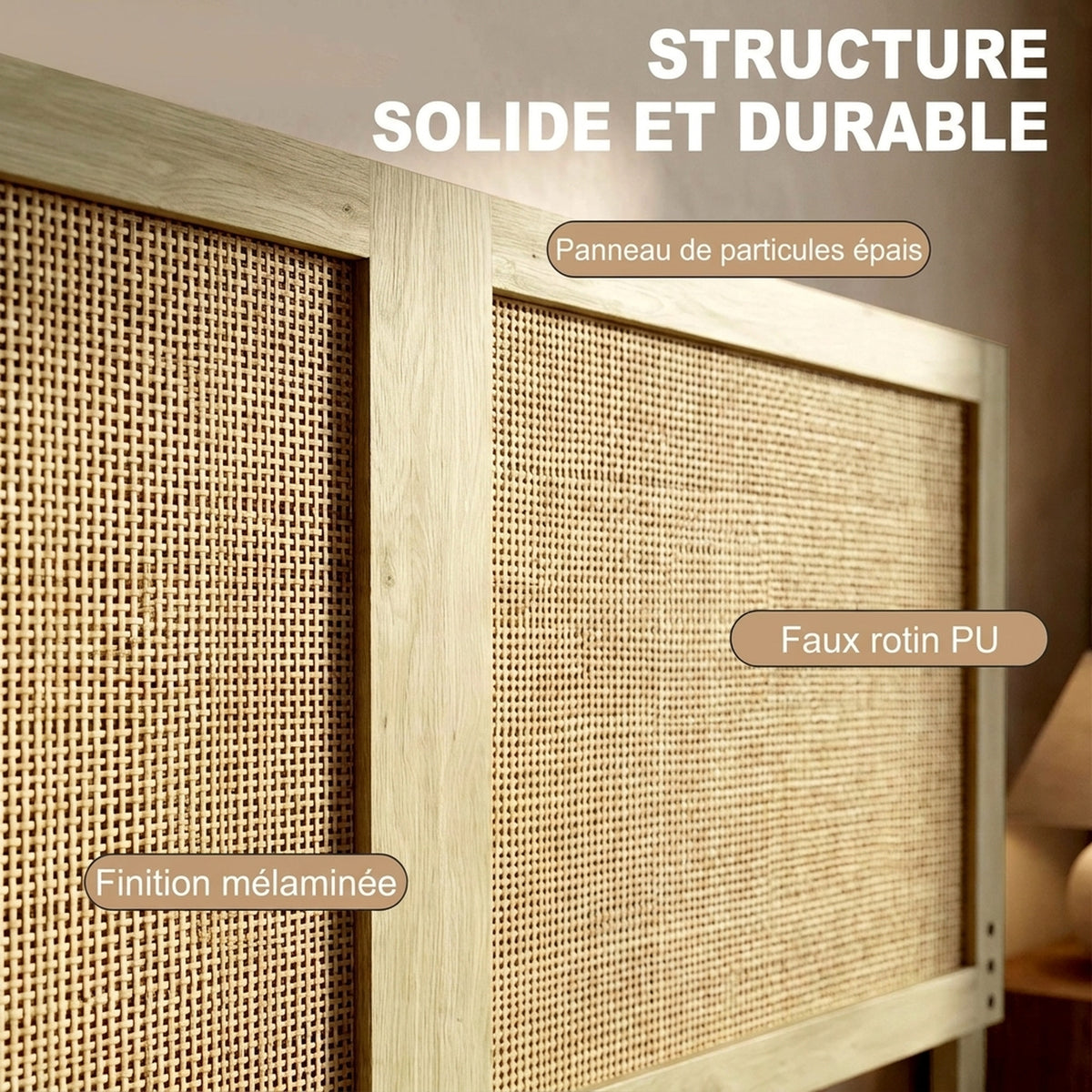 Tête de Lit en Bois à Effet Rotin, Design Bohème, pour Chambre à Coucher, 140 x 4 x 87 cm, Chêne-6