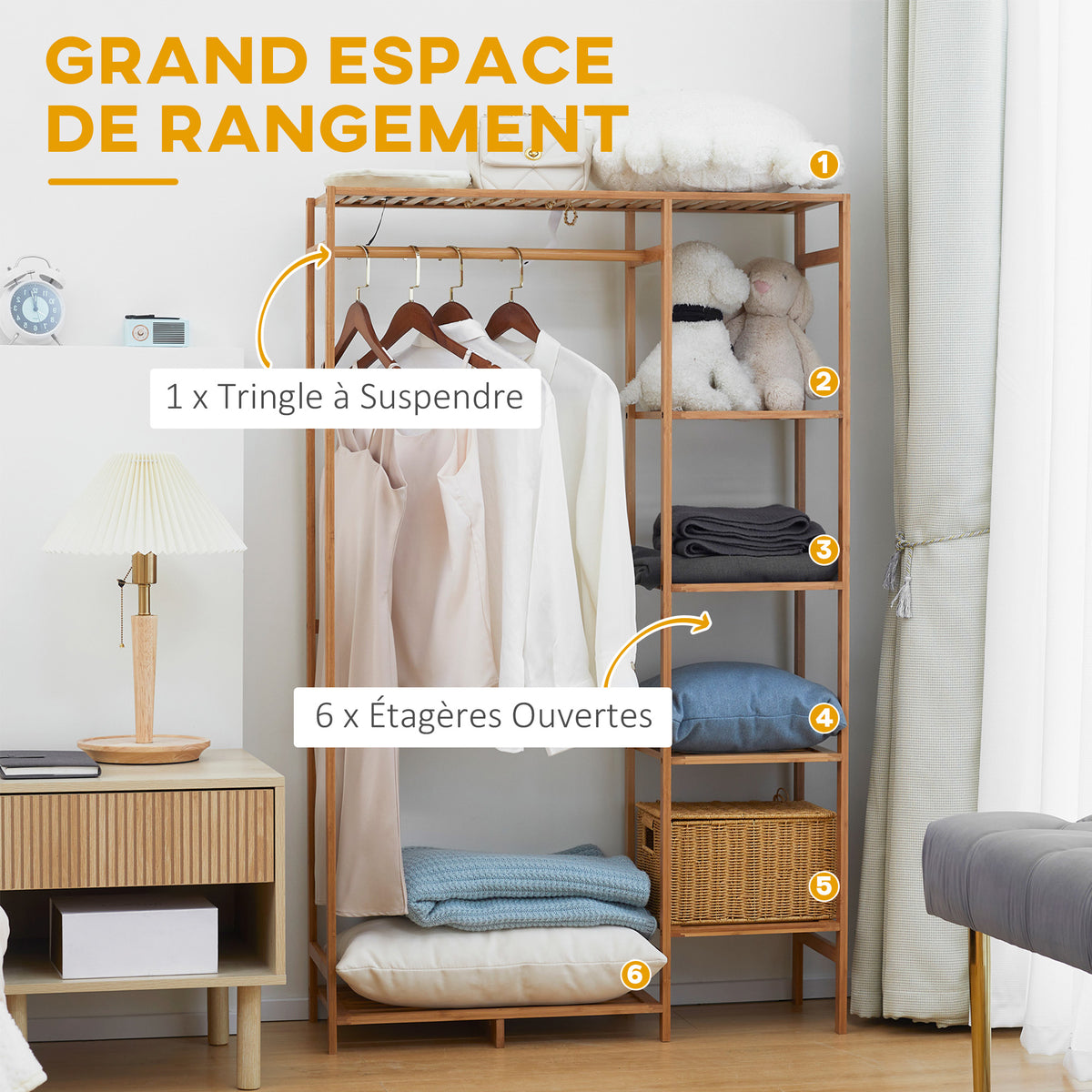 Portant à vêtements en bambou avec étagère de rangement à 6 niveaux et tringle de suspension, 90x30x145cm, bois naturel-3