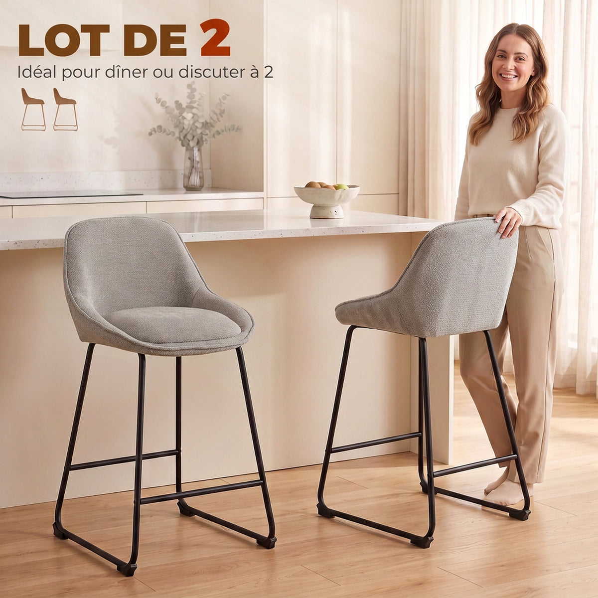 Lot de 2 Tabourets de Bar, Chaises de Bar en Chenille, Assise Rembourrée 64H cm, Dossier et Repose-Pieds, Gris-3