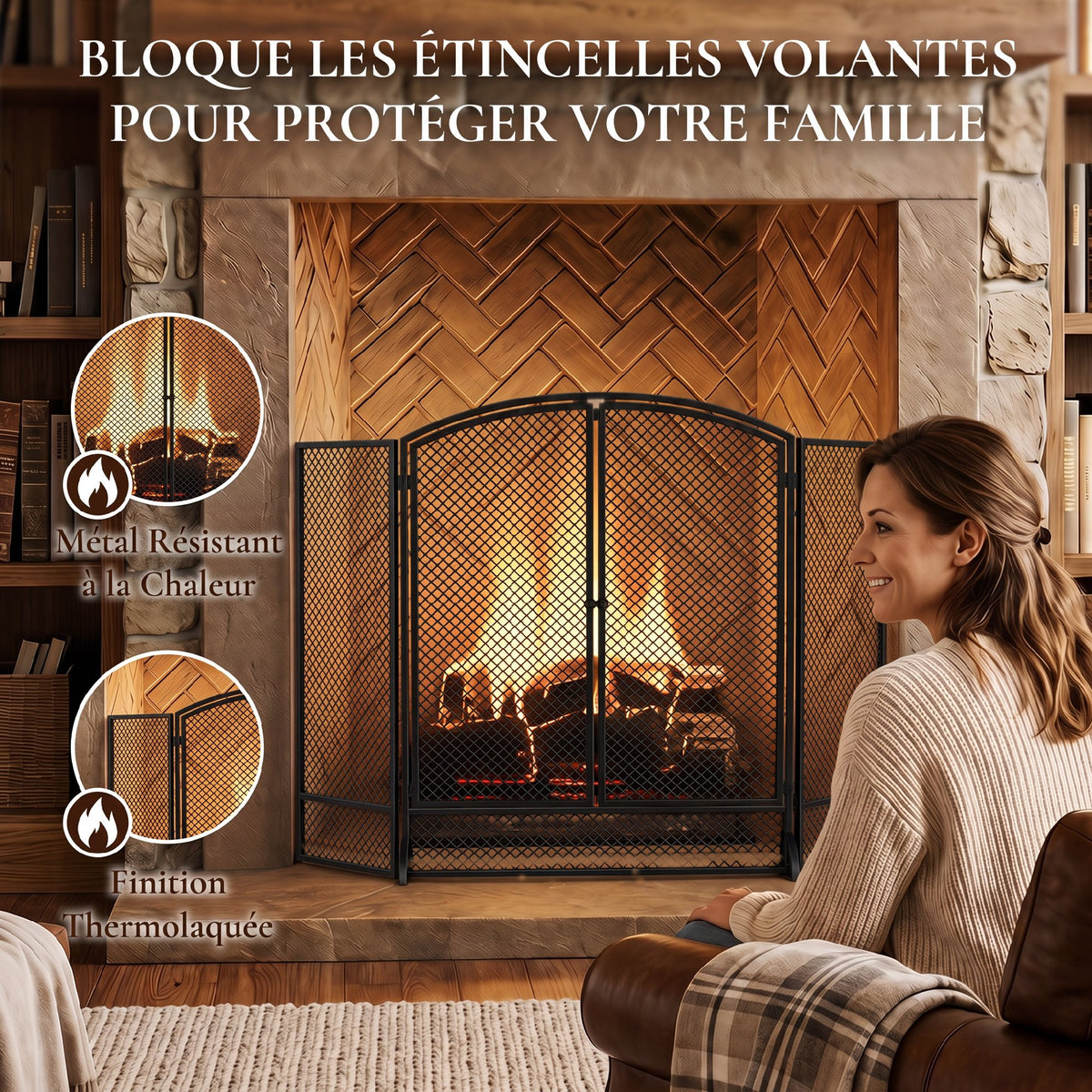 Pare-feu de Cheminée Pliable 3 Panneaux, 2 Portes, Style Moderne, Pare-Étincelles Cheminée en Métal, 122x10x75cm, Noir-3