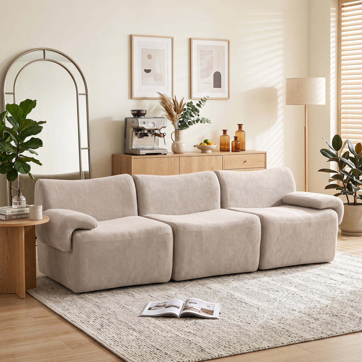 Canapé 3 Places Modulable 277 cm, Canapé Salon Compressé en Chenille Moderne, Assise Profonde, Accoudoirs Larges, Beige-9