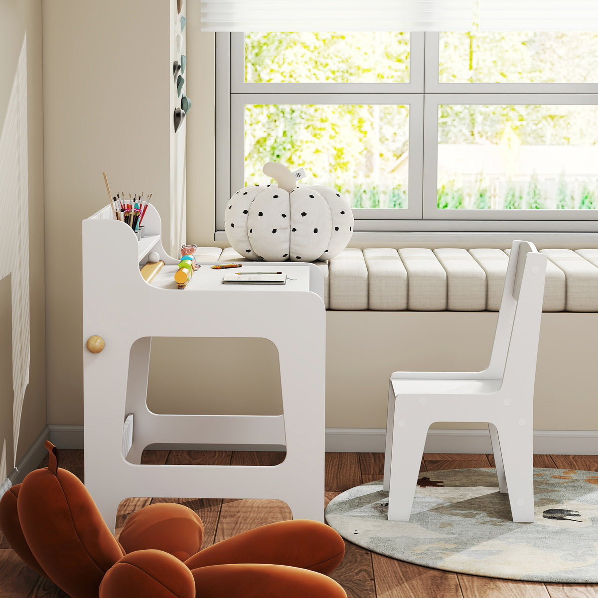 Bureau enfant avec chaise, table enfant et chaise avec 2 tiroirs en tissu et porte-gobelet, 62,8x55,6x73,8cm, blanc-7
