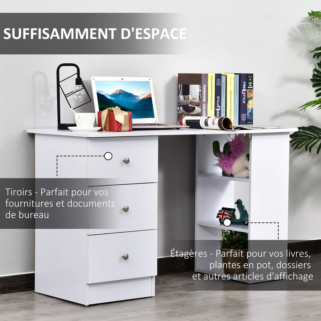 Bureau informatique multimédia multi-rangements 3 tiroirs 2 étagères 120L x 49l x 72H cm blanc-3