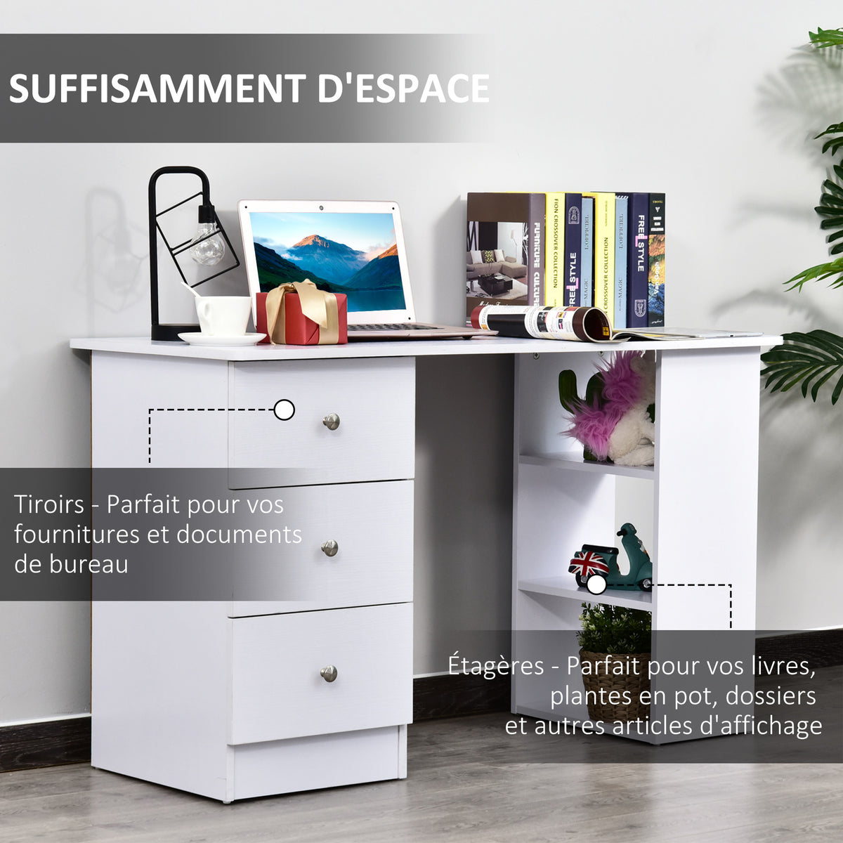 Bureau informatique multimédia multi-rangements 3 tiroirs 2 étagères 120L x 49l x 72H cm blanc-3