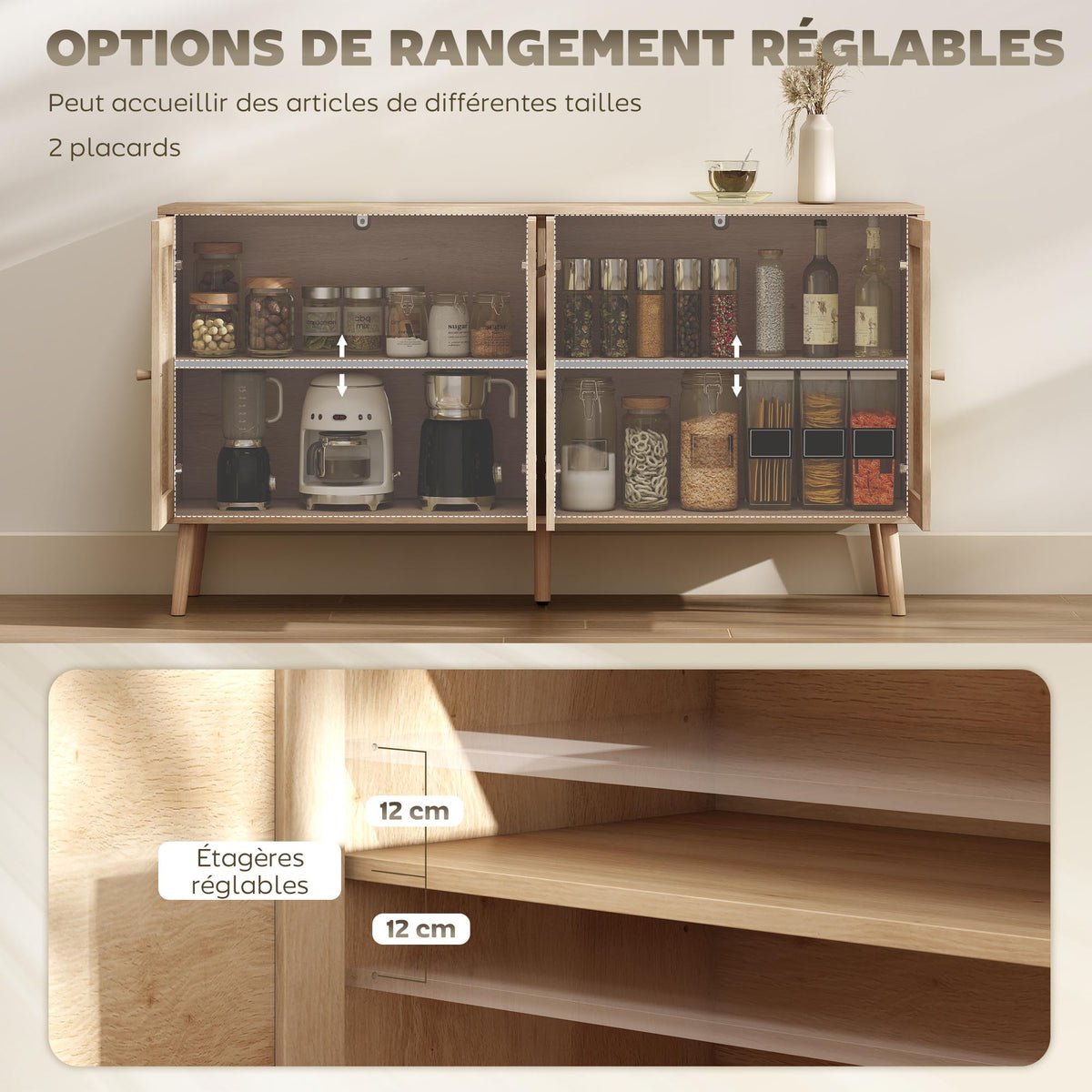 Buffet salon meuble de rangement placards à portes en cannage et étagère réglable 140 x 40 x 75 cm effet bois naturel-3