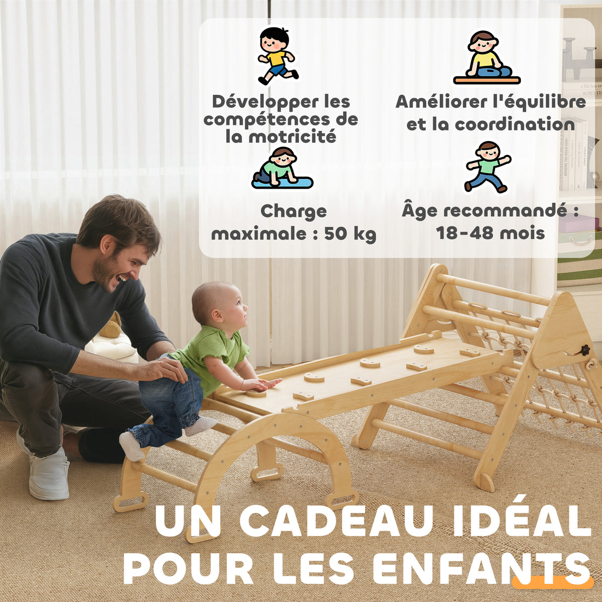 Triangle d'escalade enfants 8 en 1 avec rampe double face, arc d'escalade en bois avec toboggan & échelle, naturel-7
