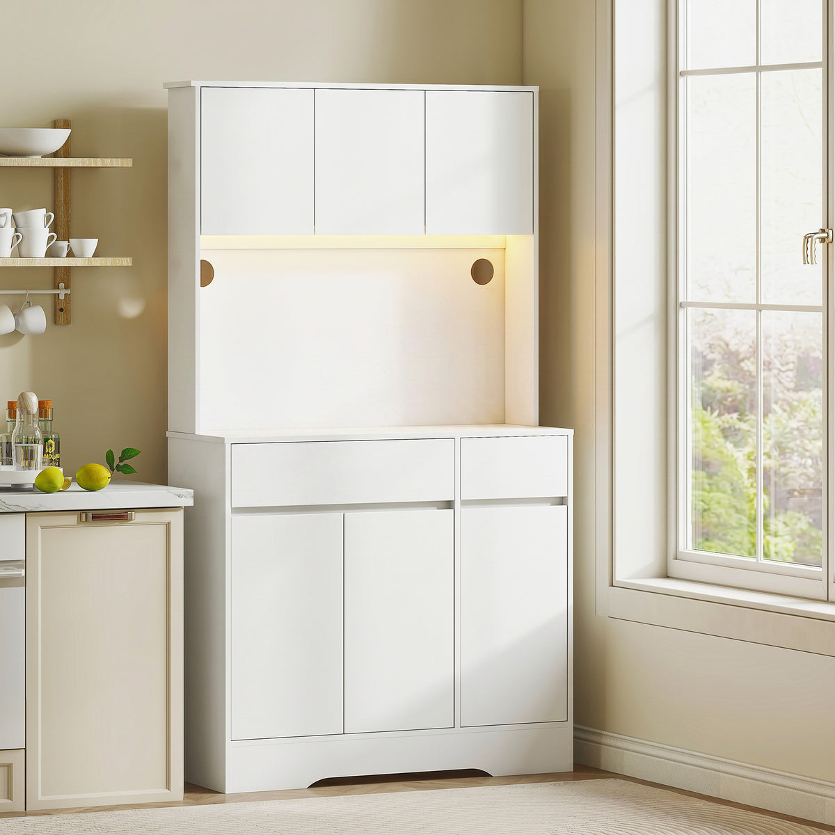 Buffet cuisine meuble cuisine rangement haut avec lumière LED RGB, plan de travail, 6 portes, 2 tiroirs, blanc-1