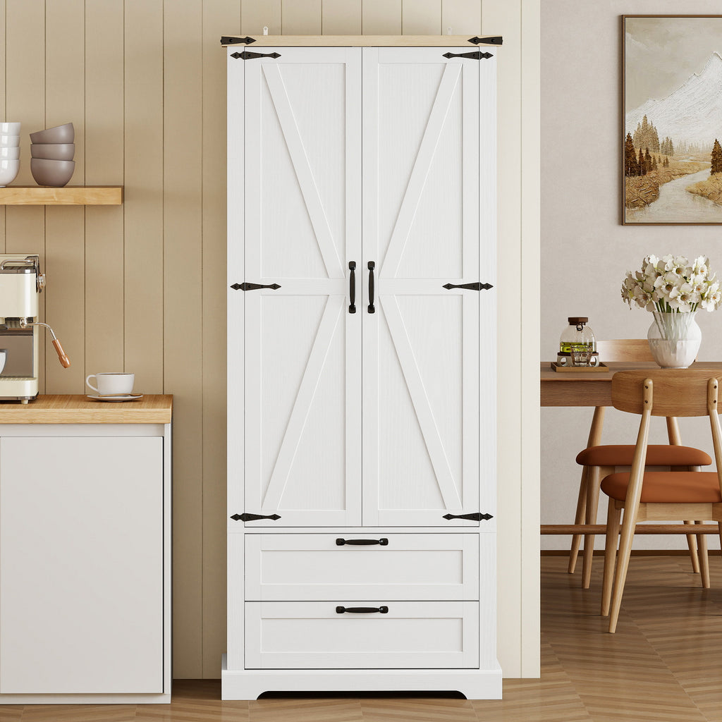 Buffet haut cuisine, armoire de cuisine avec 2 portes, 2 tiroirs, étagères réglables, style rustique, 76x40x180cm, blanc-6