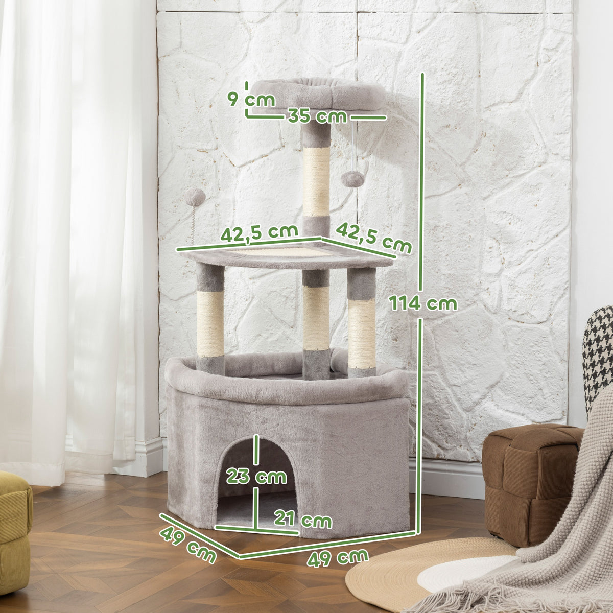 Arbre à chat tour de jeux pour chats griffoirs sisal, plate-forme, niche, tissu peluche, balles, 49x49x114cm gris clair-2