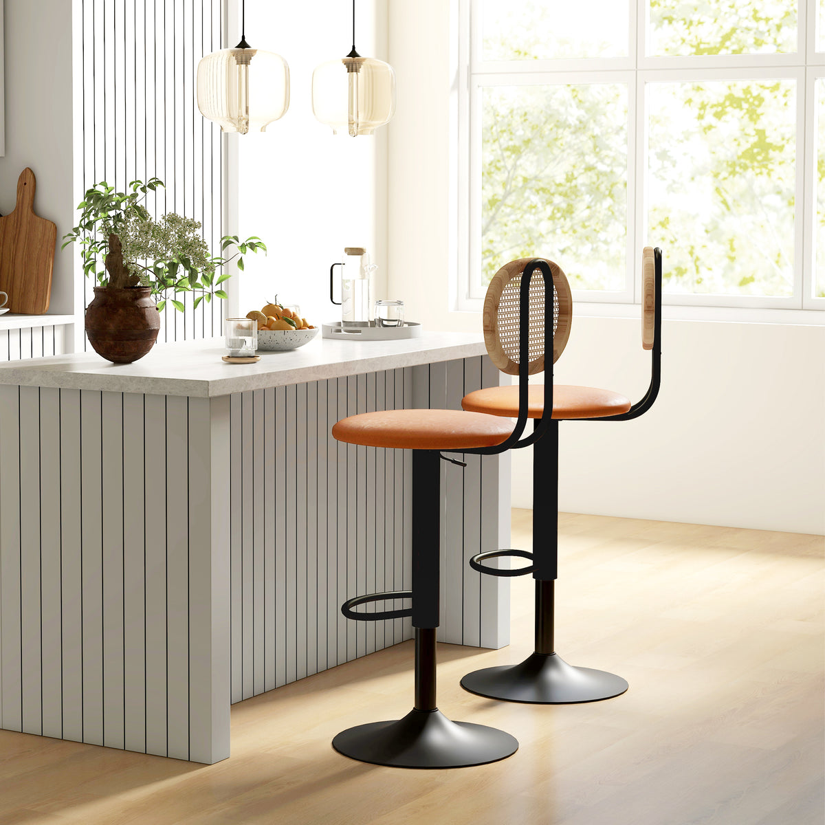 Lot de 2 tabourets de bar chaises de bar hauteur réglable avec dossier en rotin et repose-pieds, marron-9