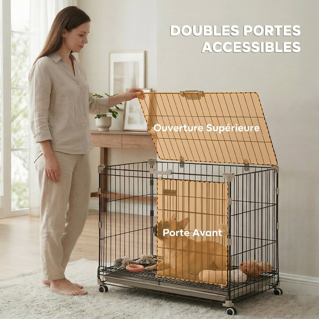 Cage pour Chien, Plateau Amovible, Roues avec Freins, Toit Ouvrant Verrouillable, 75,5x46x64,5cm, Noir-5