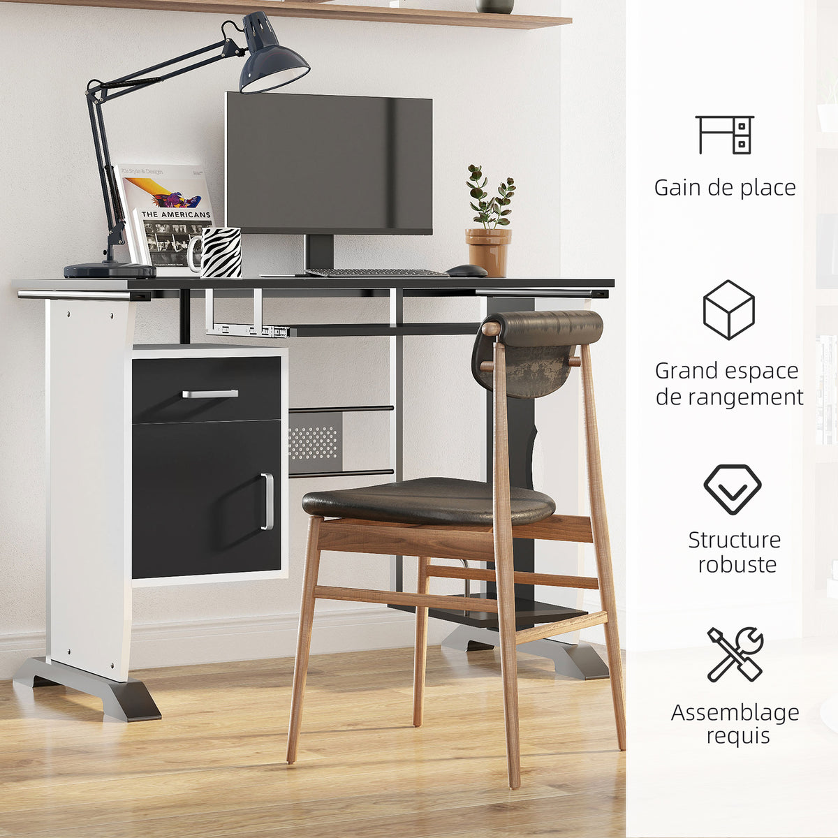 Bureau informatique design en mdf 100 L x 52 I x 75H cm noir et blanc-5