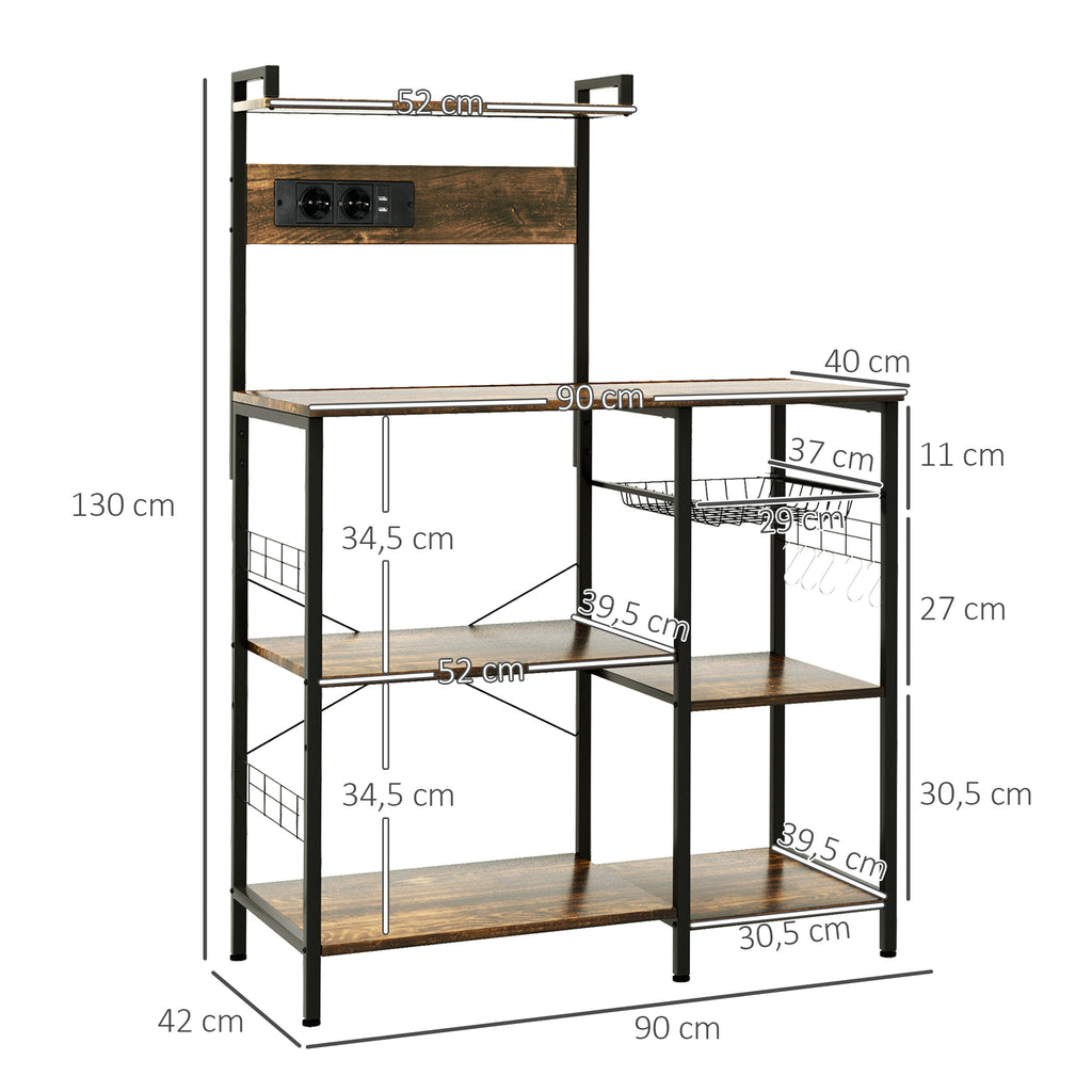 Meuble de cuisine avec prises intégrées pour micro-ondes avec étagères, style industriel, 90x42x130cm, marron-2