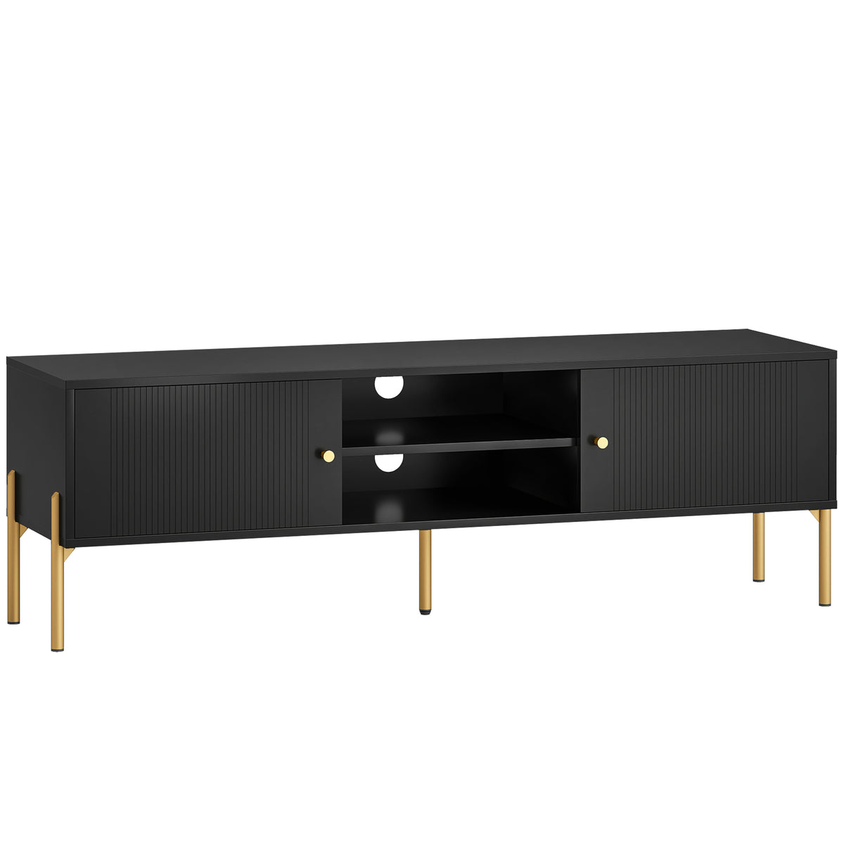 Meuble TV pour Télévision jusqu'à 65", Portes Cannelées, Compartiments Ouverts, Pieds Acier, 140 x 38 x 45,9 cm, Noir-0