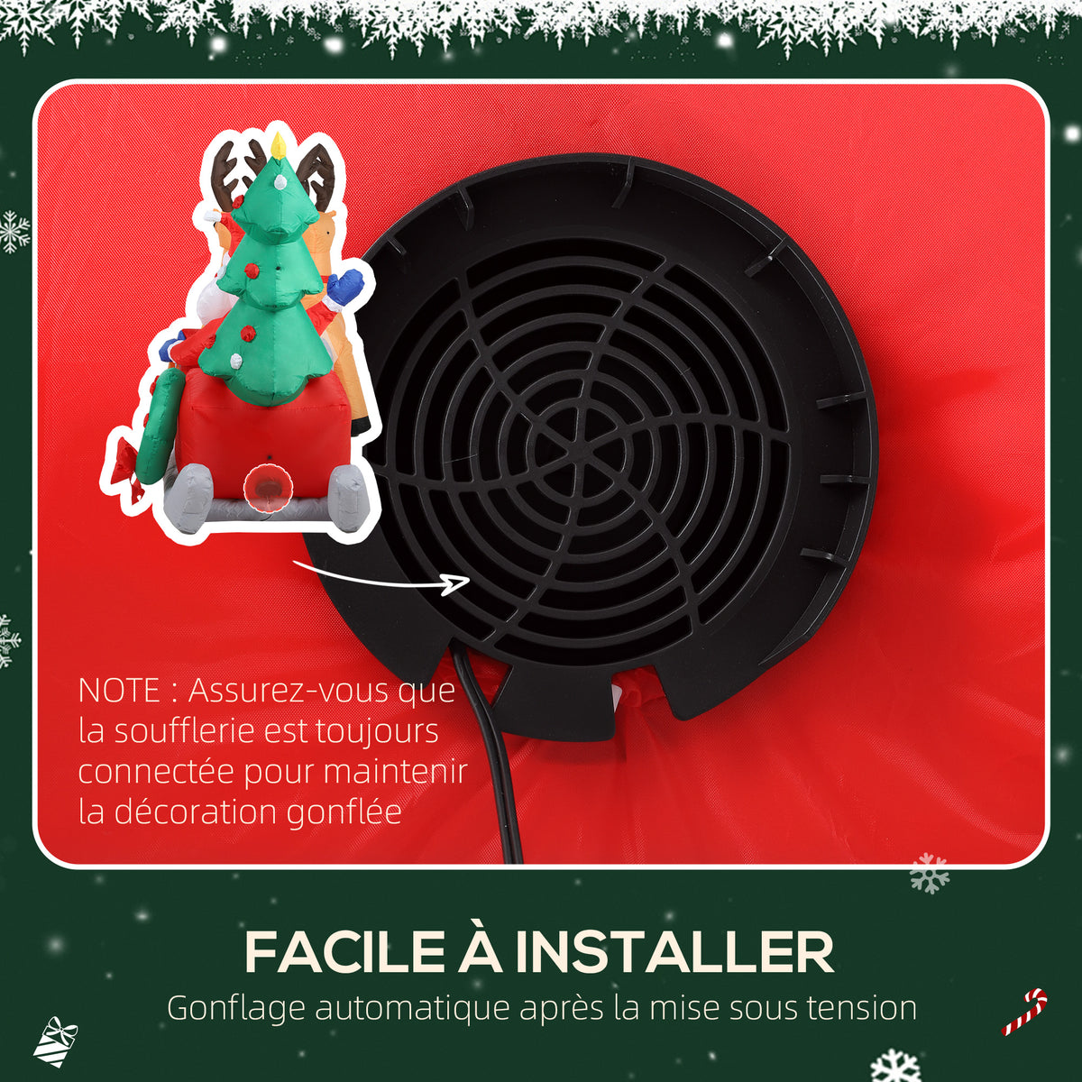 Père Noël gonflable de 2,1 m sur traîneau avec deux rennes, décoration de Noël gonflable avec lumières LED intégrées-4