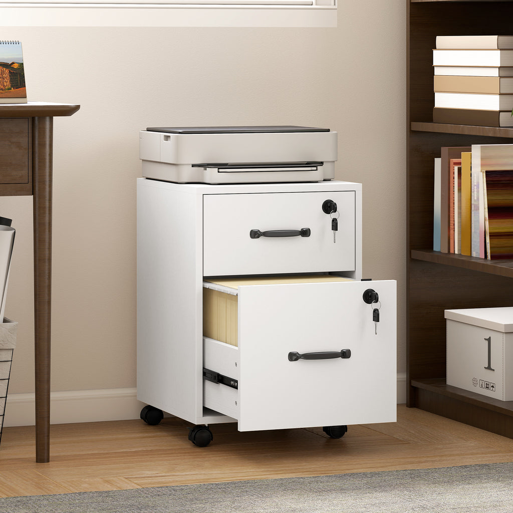 Caisson bureau mobile à 2 tiroirs, meuble rangement bureau sur roulettes pour documents suspendus format lettre, blanc-1