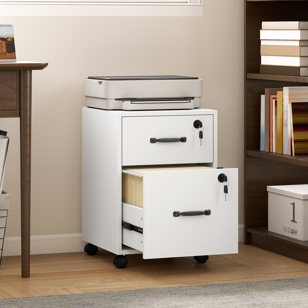 Caisson bureau mobile à 2 tiroirs, meuble rangement bureau sur roulettes pour documents suspendus format lettre, blanc-1