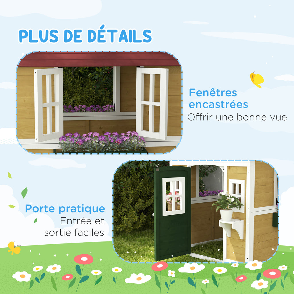 Cabane enfant extérieur maison enfant extérieure avec porte fenêtres et jardinières 114 x 126,4 x 135 cm beige-6