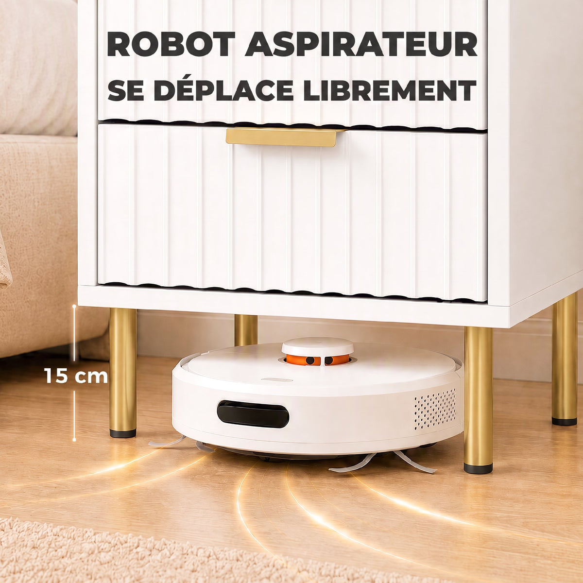 Table de chevet, table de nuit cannelée avec 2 tiroirs et pieds en acier, pour chambre à coucher, salon, blanc-5