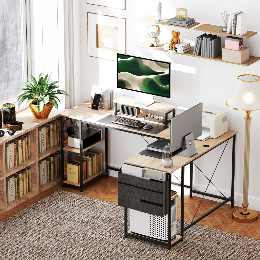 Bureau d'angle modulable réversible 168-240 cm style industriel - étagère réglable, sac de rangement, support d'écran-8