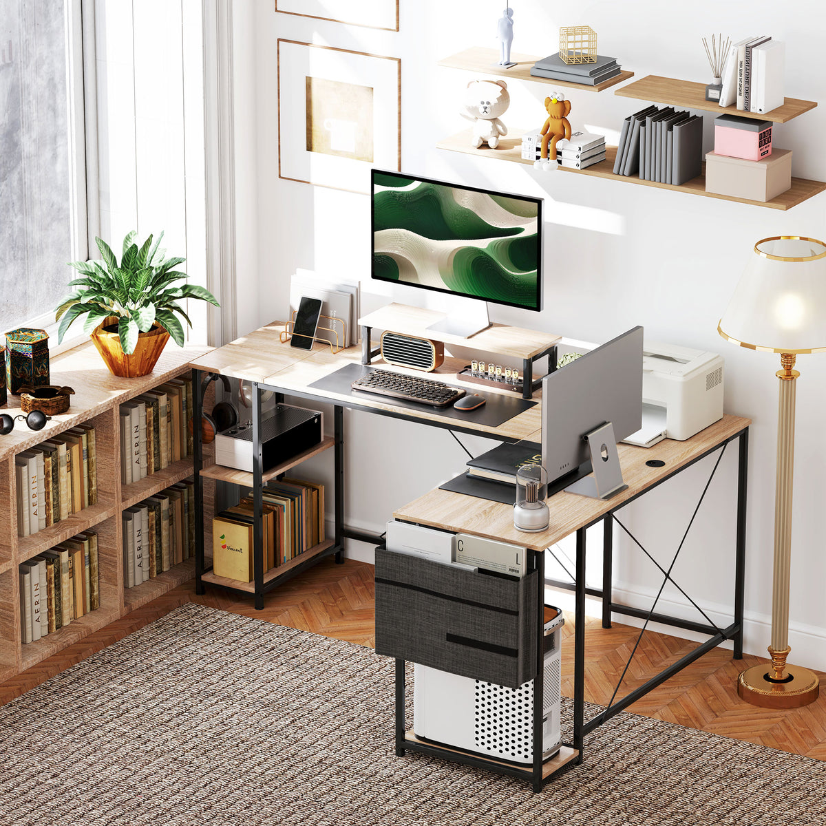 Bureau d'angle modulable réversible 168-240 cm style industriel - étagère réglable, sac de rangement, support d'écran-8
