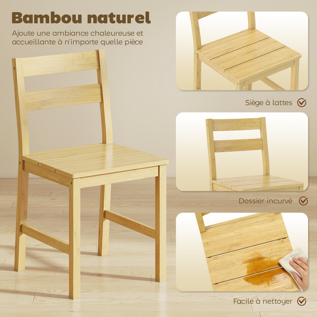 Lot de 2 chaises de salle à manger en bambou, chaises de cuisine sans accoudoirs avec assise à lattes, bois naturel-4