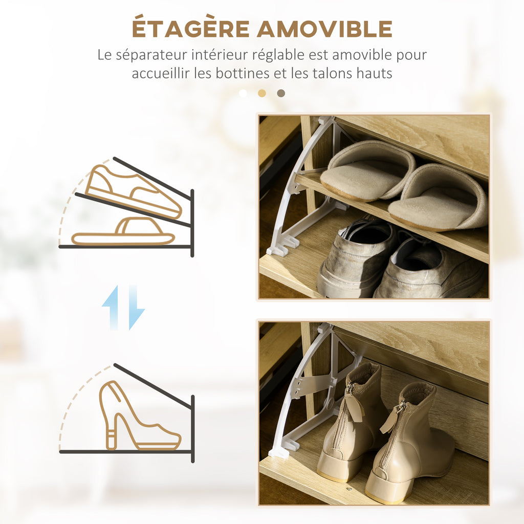 Meuble à chaussures 2 tiroirs et 2 portes abattantes avec étagère réglable 80 x 30 x 91,5 cm poignées alu. naturel-5