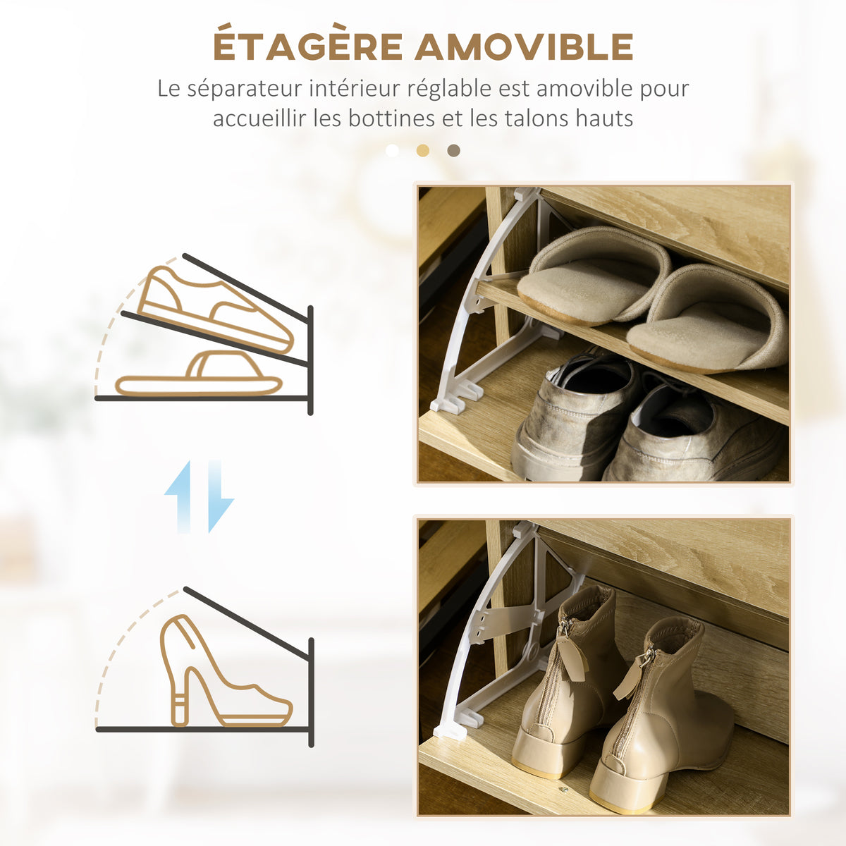 Meuble à chaussures 2 tiroirs et 2 portes abattantes avec étagère réglable 80 x 30 x 91,5 cm poignées alu. naturel-5