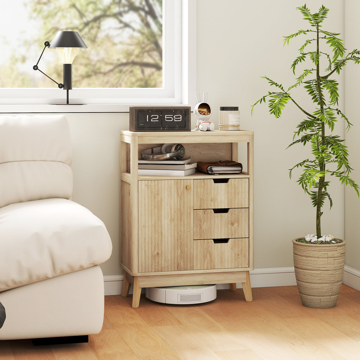 Buffet salon meuble de rangement avec placard à portes, étagère réglable et étagère ouvert, 60x30x81cm, bois naturel-9
