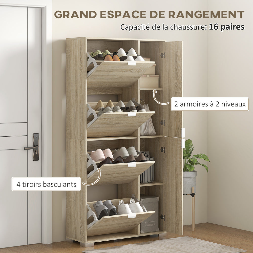Meuble à chaussures avec 4 abattants, 2 placards et façades miroir pour 16 paires de chaussures, meuble d'entrée-4