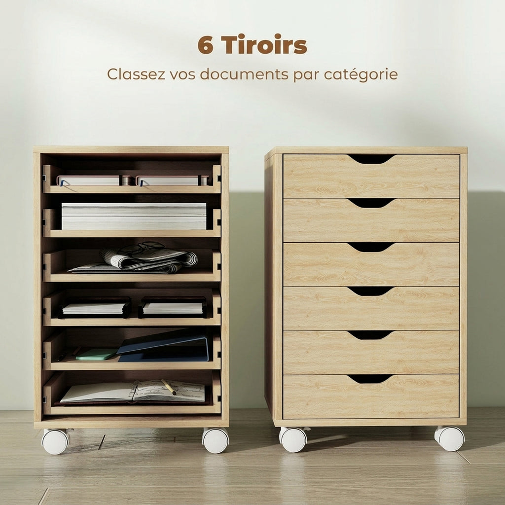 Caisson de Bureau Mobile 6 Tiroirs Silencieux, Support d'Imprimante, Poignées Encastrées, 40 x 35 x 63 cm, Chêne-3