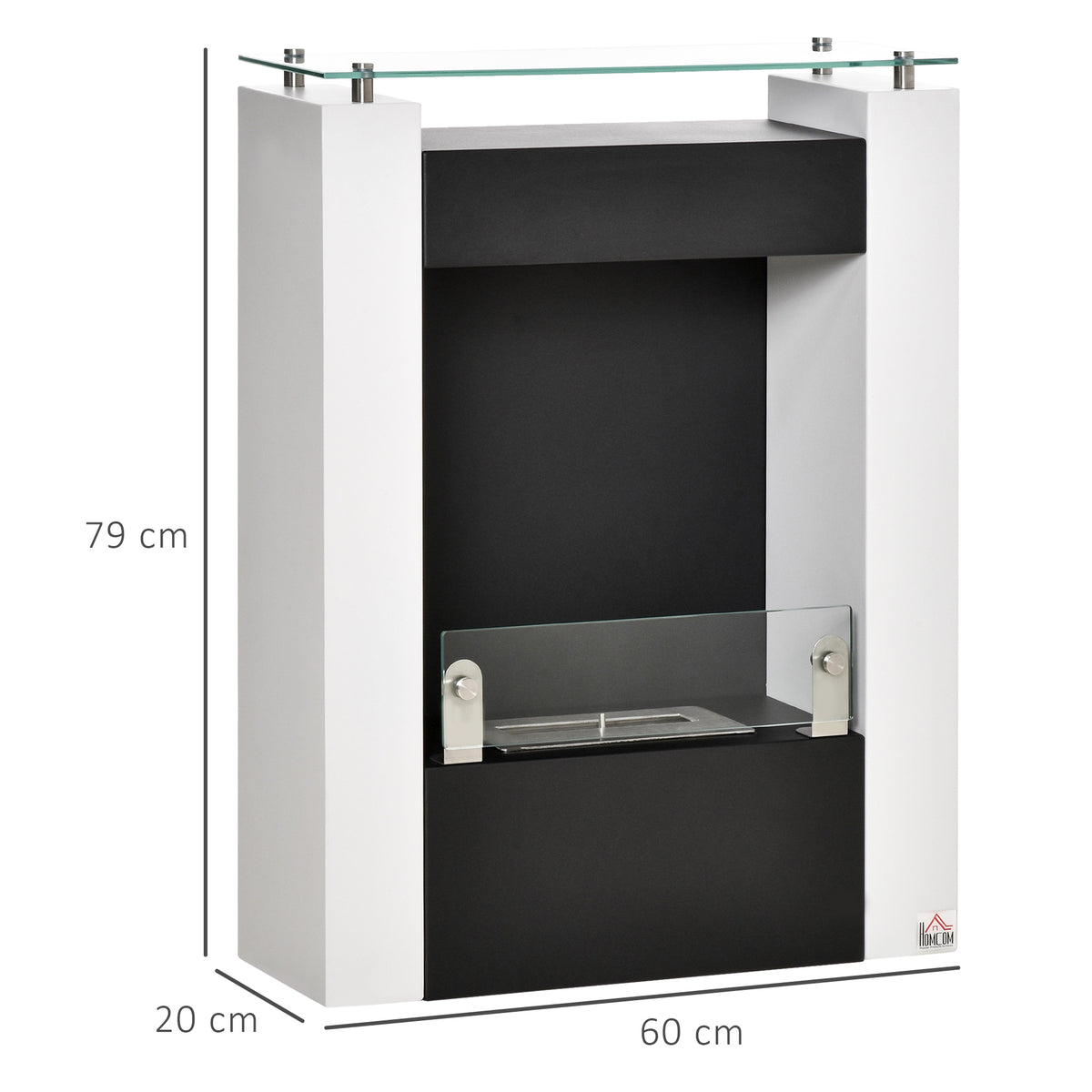 Cheminée bioéthanol brûleur 0,9 L avec plateau de rangement en verre trempé 60 x 20 x 79 cm Acier Noir et Blanc-2