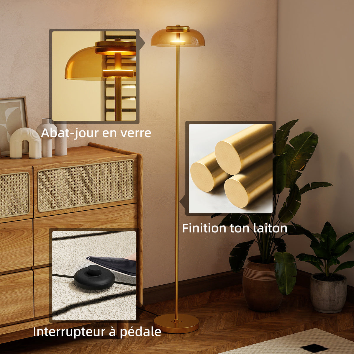 Lampadaire sur pied de salon, lampe salon LED avec lumière chaude 3000 K et interrupteur à pied, Ø25x134cm, ton laiton-4