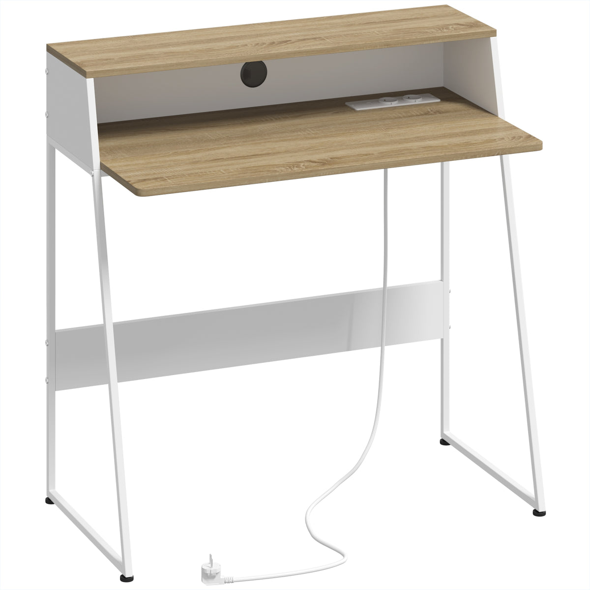 Bureau d'Ordinateur, 90 x 50 cm, Bureau avec Rangement, Étagère Ouverte et Cadre en Acier, Chêne et Blanc-0