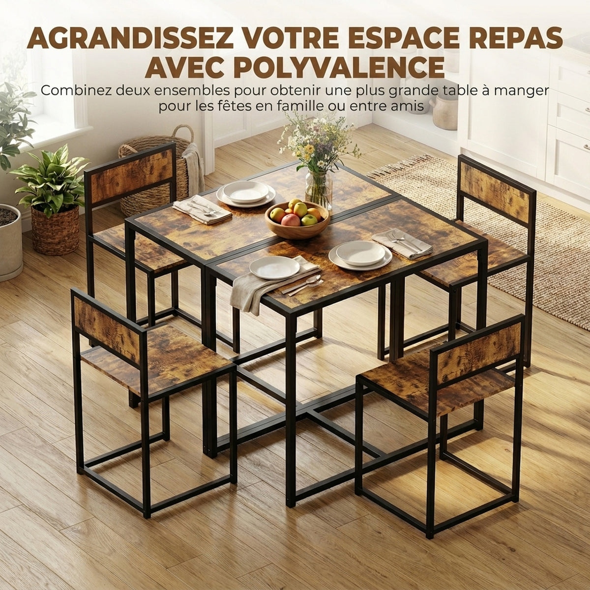 Ensemble table et chaises , table à manger 3 pièces avec 2 chaises encastrables, pour cuisine salon maison, marron-6