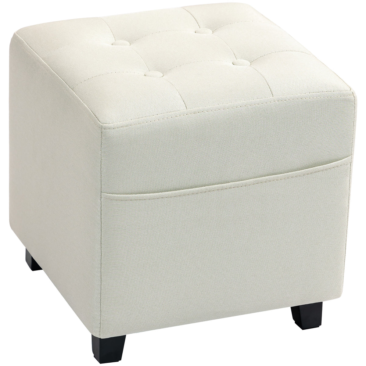 Repose pied salon, ottoman, siège rembourré capitonné en tissu aspect lin avec poche latérale, 35 x 35 x 35 cm, crème-0