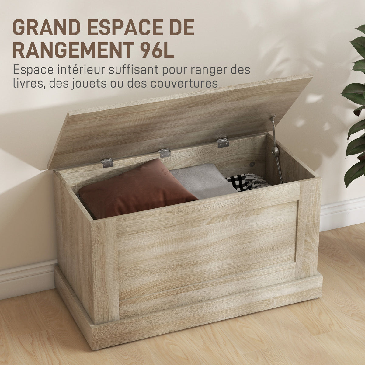 Coffre de rangement, coffre à jouets, avec charnière de sécurité, pour salon, en bois, 80 x 40 x 45 cm, bois naturel-3